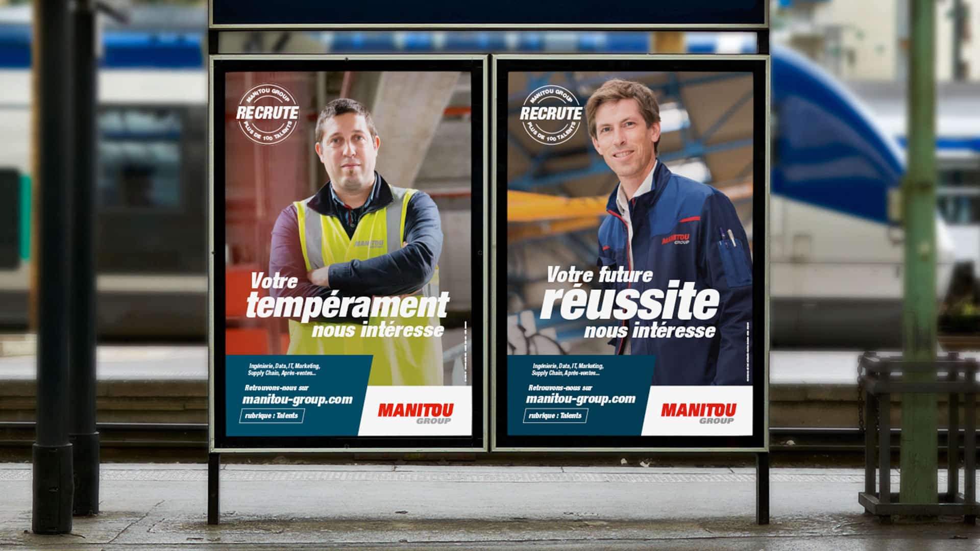 Affiches de la campagne de recrutement Manitou Group dans une gare