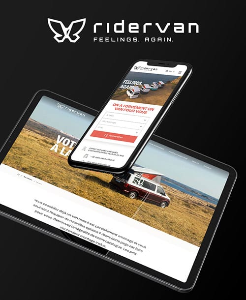 Écrans du site internet Ridervan, sur mobile et ordinateur de bureau