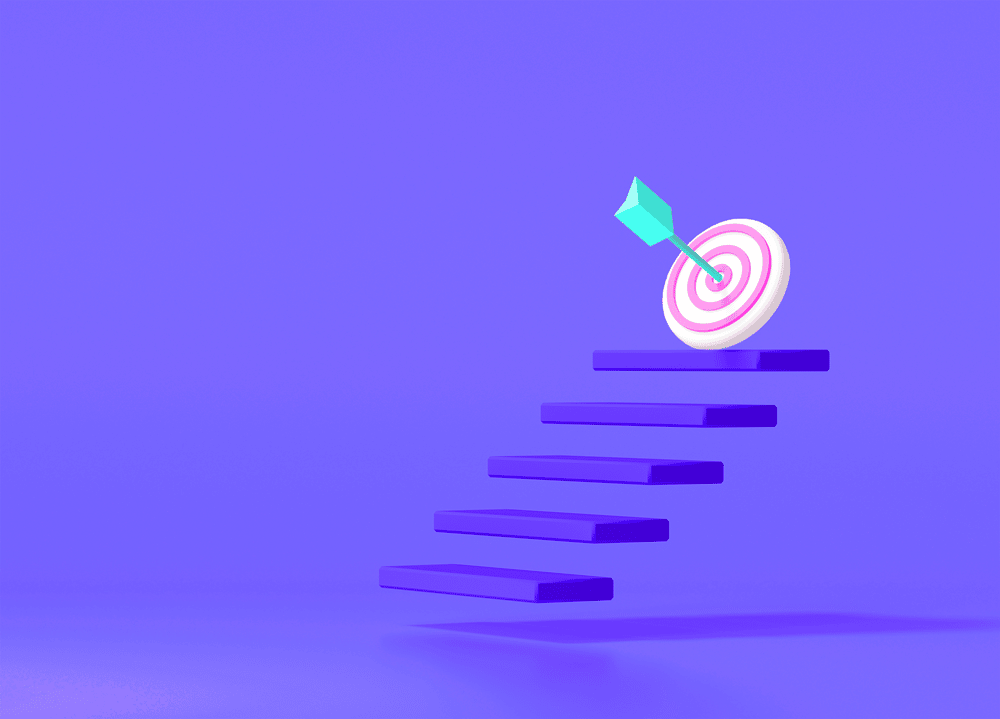 Illustration 3D d'une cible en haut d'un escalier