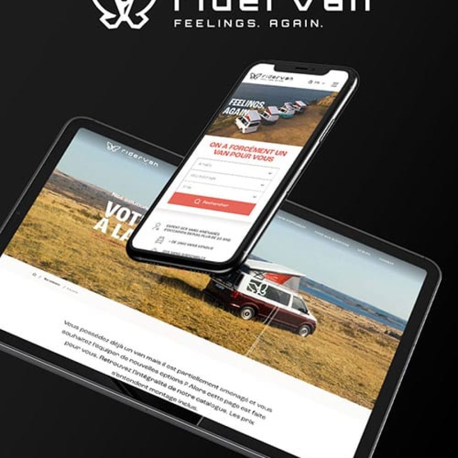 Écrans du site internet Ridervan, sur mobile et ordinateur de bureau